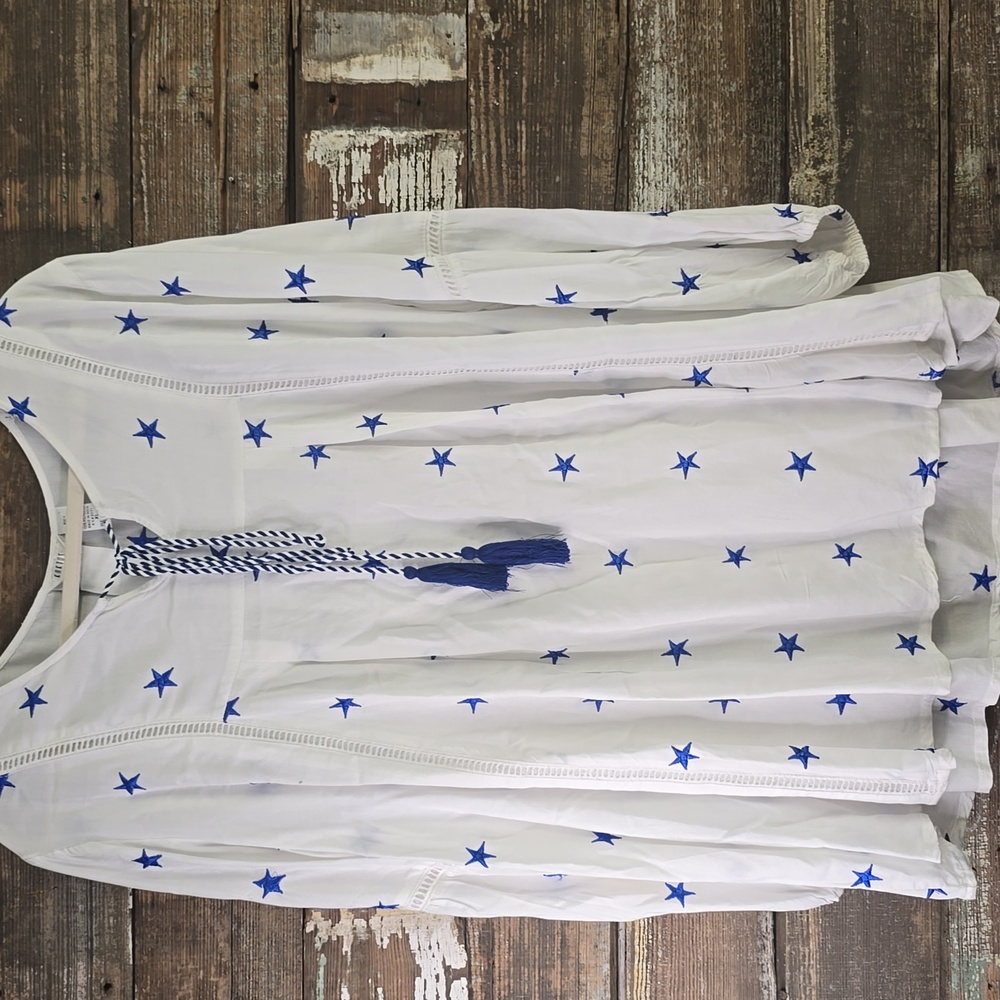 White Star-Print Peasant Blouse with Blue Tassel Tie